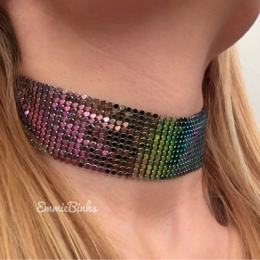 ✨3for$38 New 2 Piece Oil Slick Holographic Metallic Mesh Choker & Bracelet Set